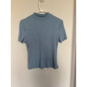 SweatyRocks Womens Blue Ribbed Mock Neck Scallop Trim Short Sleeve Top Size S